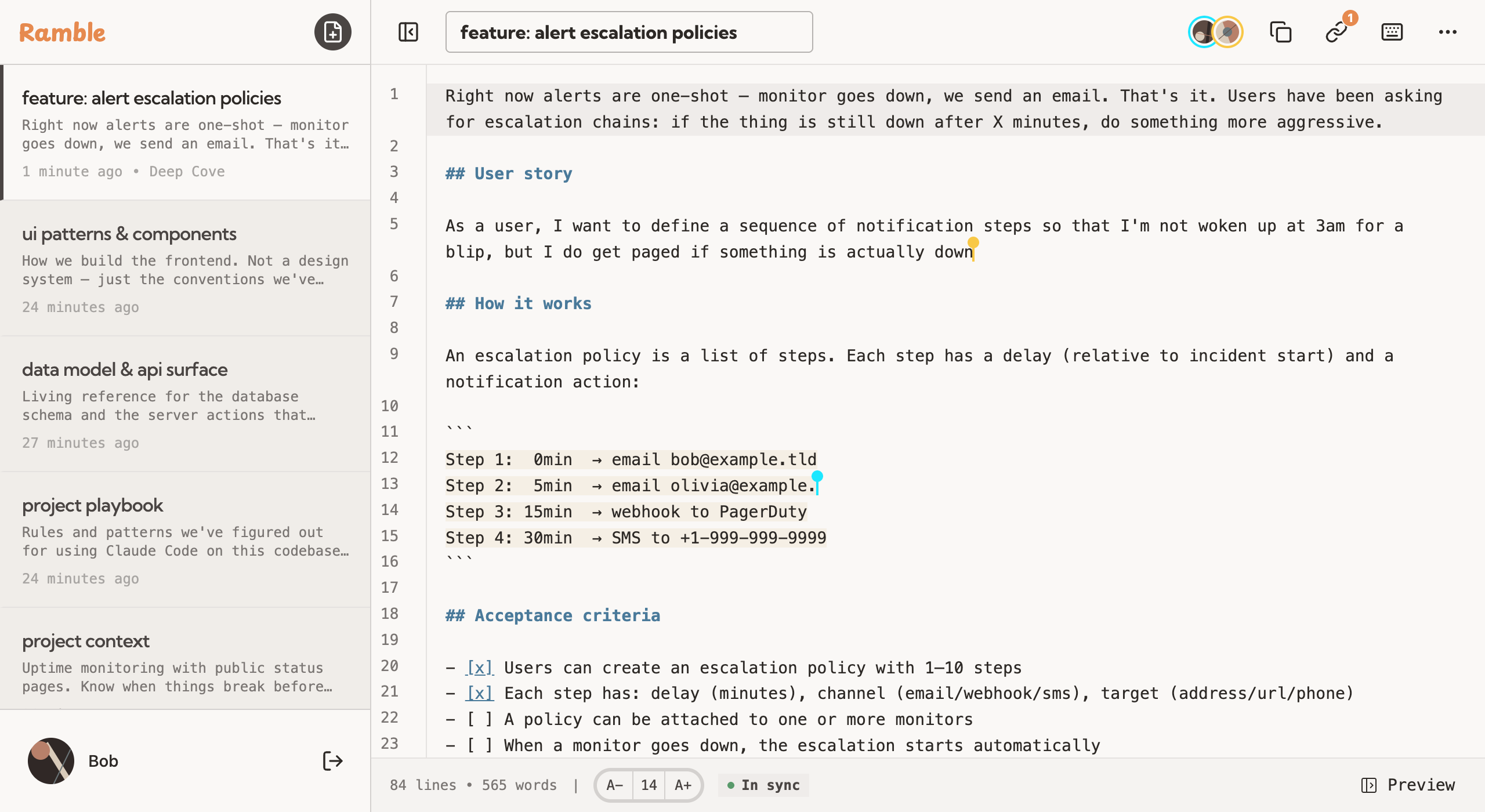Ramble collaborative markdown editor showing real-time collaboration