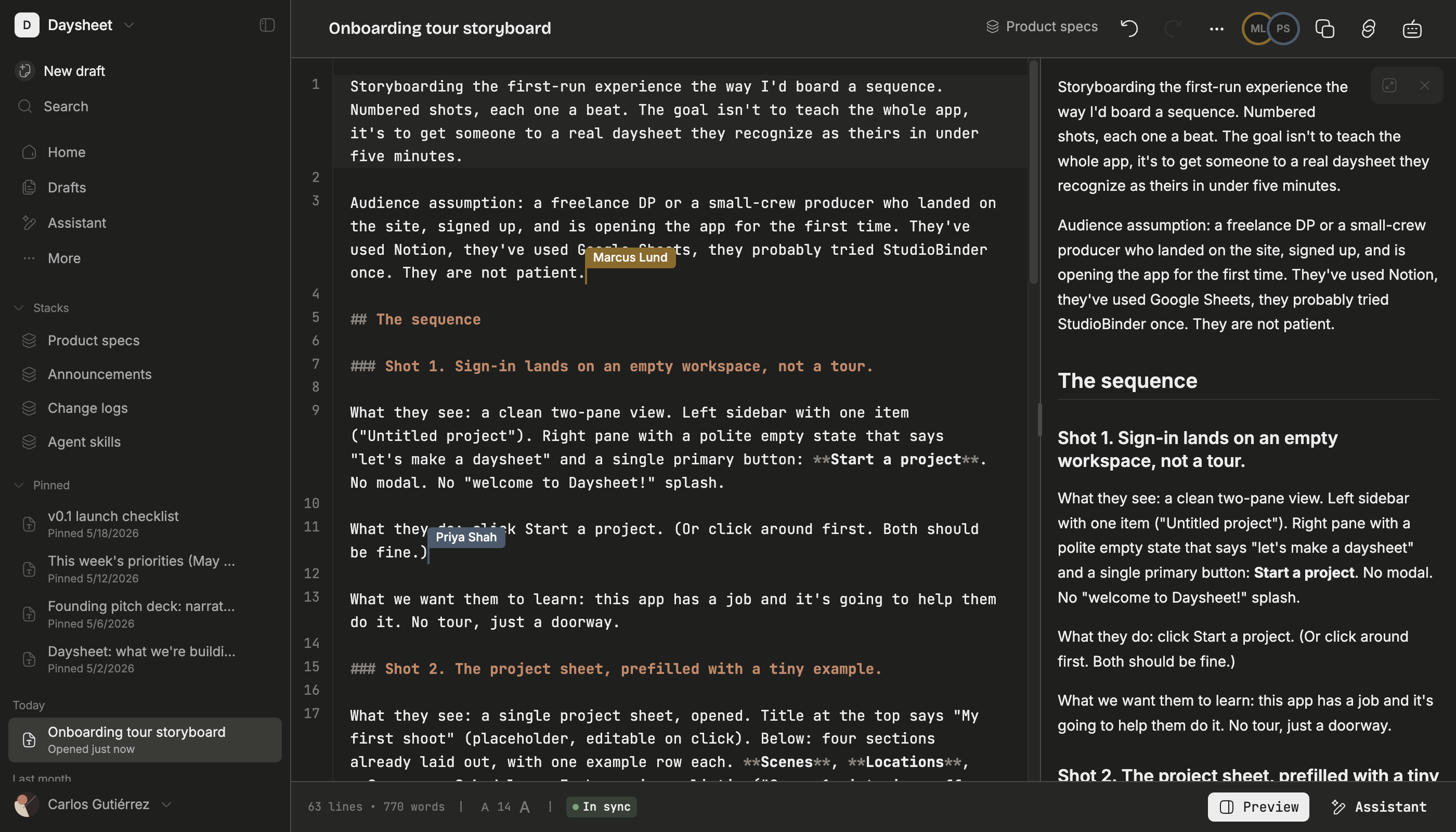 Two people editing the same markdown draft in Ramble: the source on the left, the live preview on the right, with two collaborator cursors