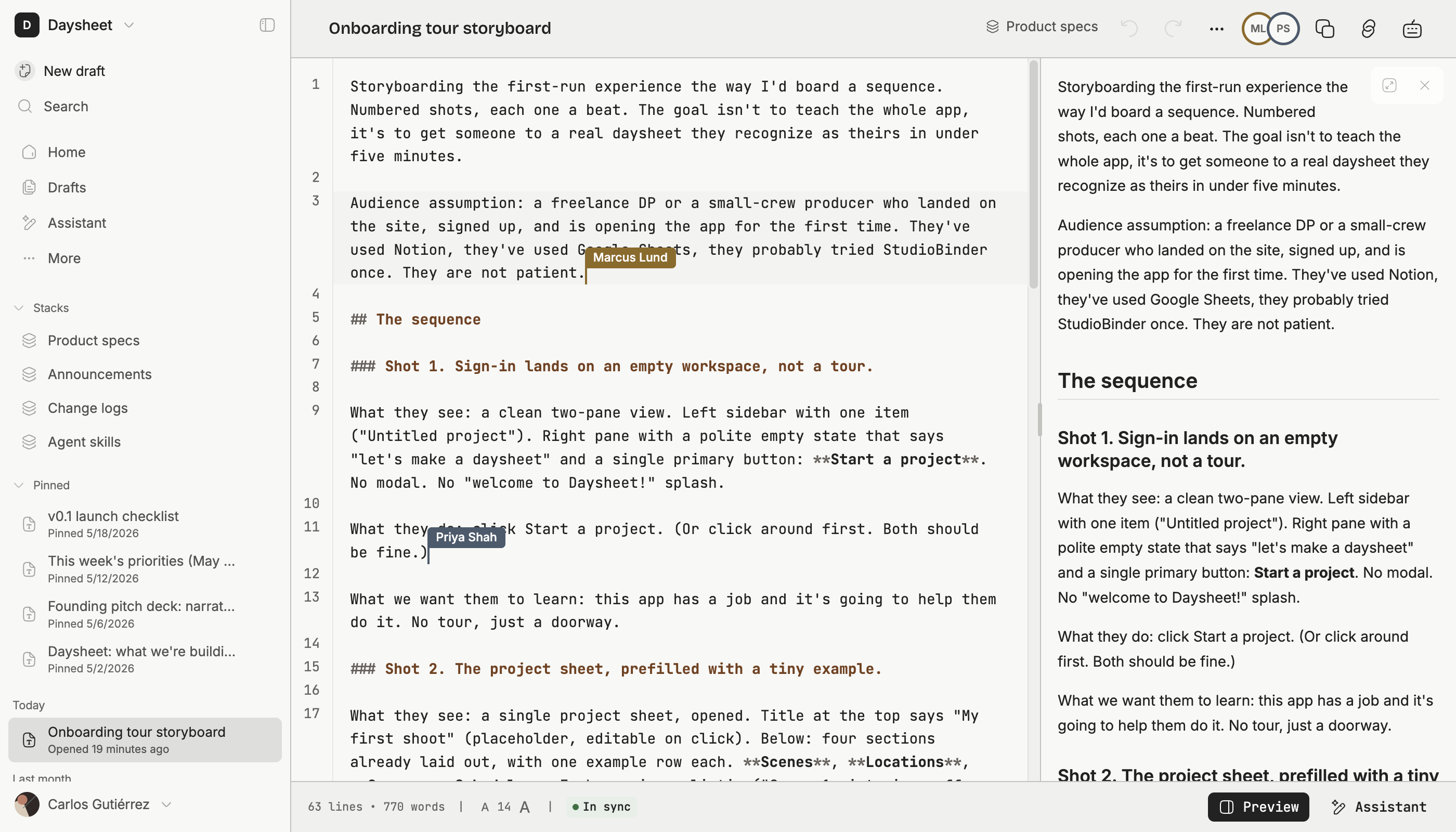 Two people editing the same markdown draft in Ramble: the source on the left, the live preview on the right, with two collaborator cursors