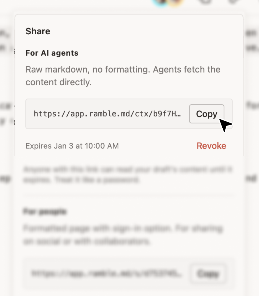 Ramble share dialog with context link options